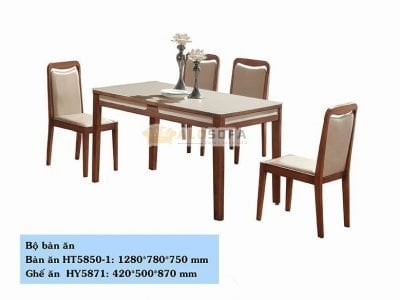 BÀN ĂN 1M28 MẶT KÍNH CHÂN GỖ NÂU HIỆN ĐẠI HT5850-1