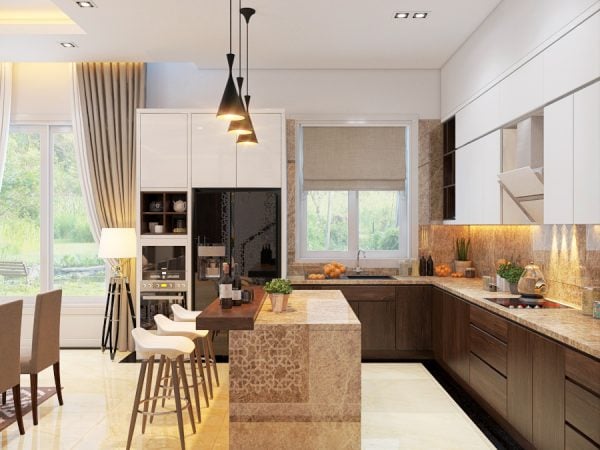Bàn bếp mặt gỗ óc chó nhập khẩu 