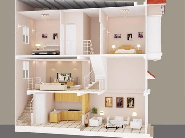 Nhà ống gác lửng số 4 được khoác một lớp áo màu hồng nhạ