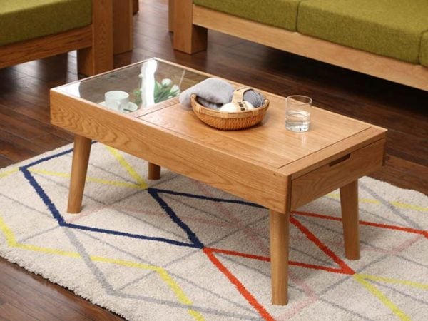 Bàn trà gỗ sồi đẹp, đơn giản với chân trụ chữ V