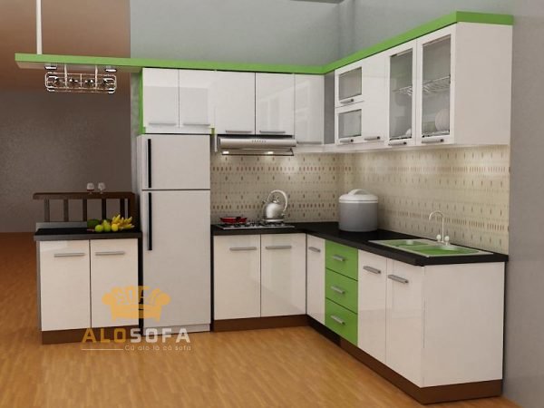 Nhà bếp hình chữ L với sắc xanh tươi mới