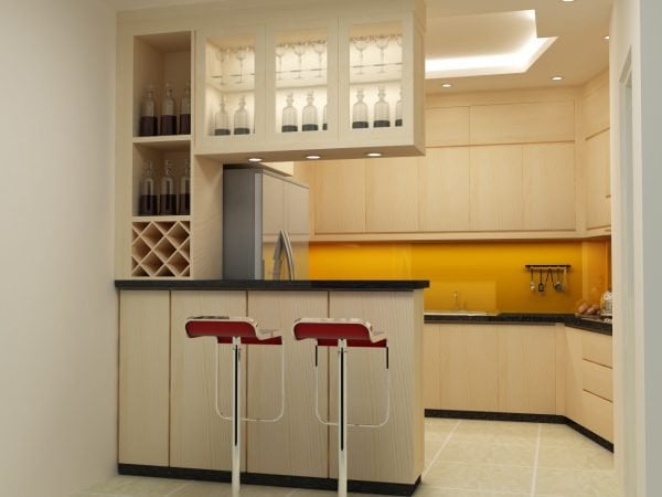 Tủ bếp có quầy bar giúp tiết kiệm diện tích