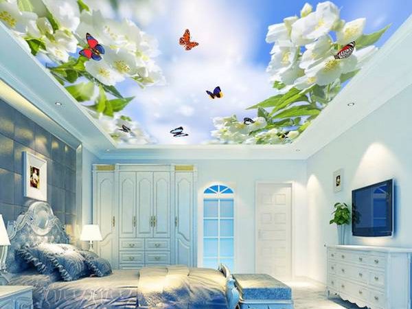 Tranh trần nhà đẹp với cánh đồng đầy hoa