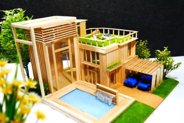 Những mẫu nhà bằng que kem đẹp có gara ô tô