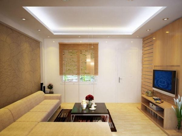 Phòng khách ốp gỗ màu vàng cánh gián