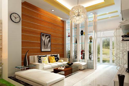 Phòng khách ốp gỗ có màu trắng là màu chủ đạo