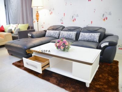 SOFA DA 2 BĂNG GÓC PHẢI MÀU ĐEN SANG TRỌNG 9191D-SF