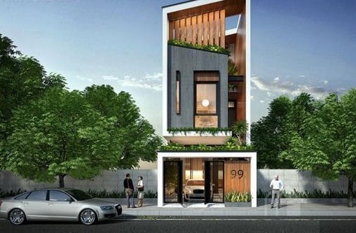 Mẫu thiết kế mặt tiền đẹp cho nhà ống mái lệch