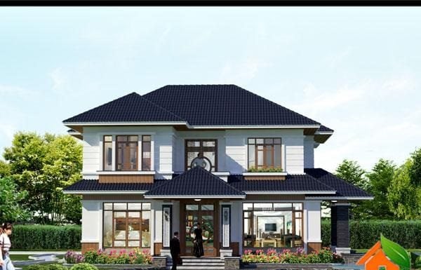 Mẫu sảnh hiên nhà đẹp tại biệt thự 2 tầng mái xéo