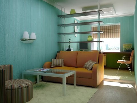 Chiếc kệ ngăn cách khu vực phòng khách và bếp